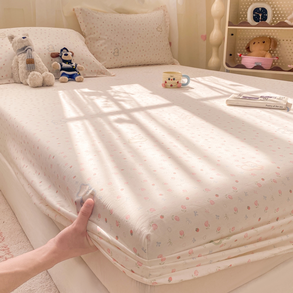 91家纺网 家纺一手货源 找家纺 花梦欣 2026新款全棉印花单品系列2花卉款-单床笠 玫瑰小狗