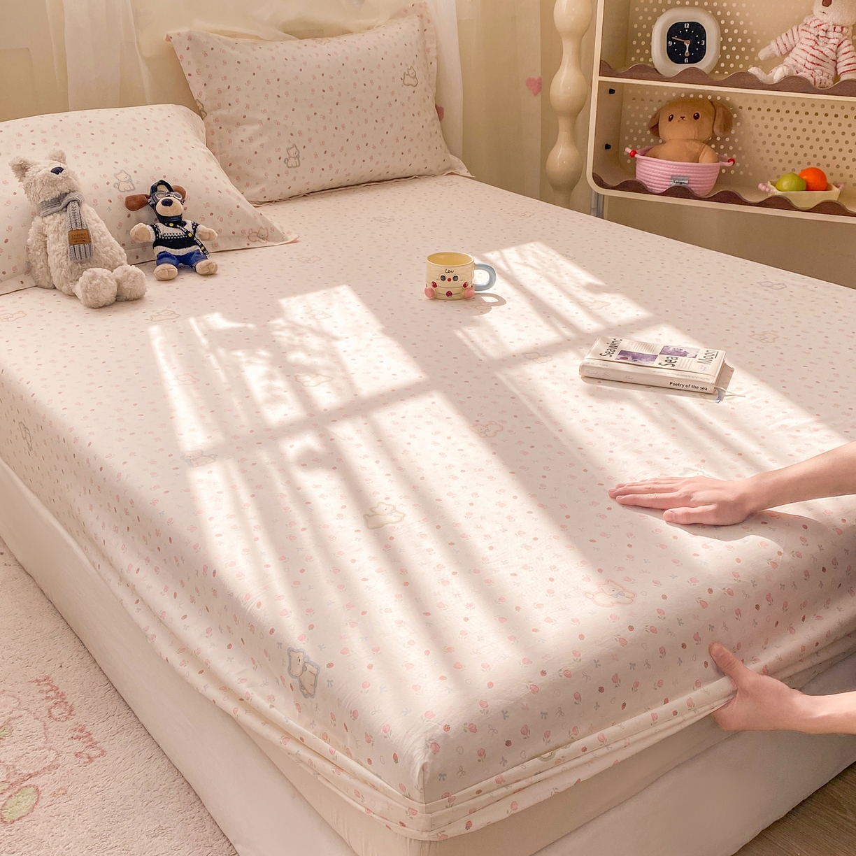 91家纺网 家纺一手货源 找家纺 花梦欣 2026新款全棉印花单品系列2花卉款-单床笠 玫瑰小狗