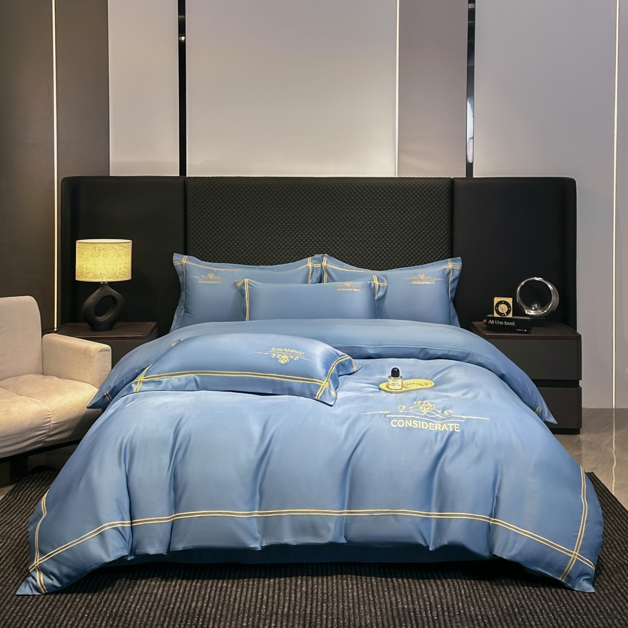 91家纺网 家纺一手货源 找家纺 绒掌柜家纺（品质焕新） 2026新款水洗真丝天丝冰丝刺绣四件套-典雅系列 宾利蓝