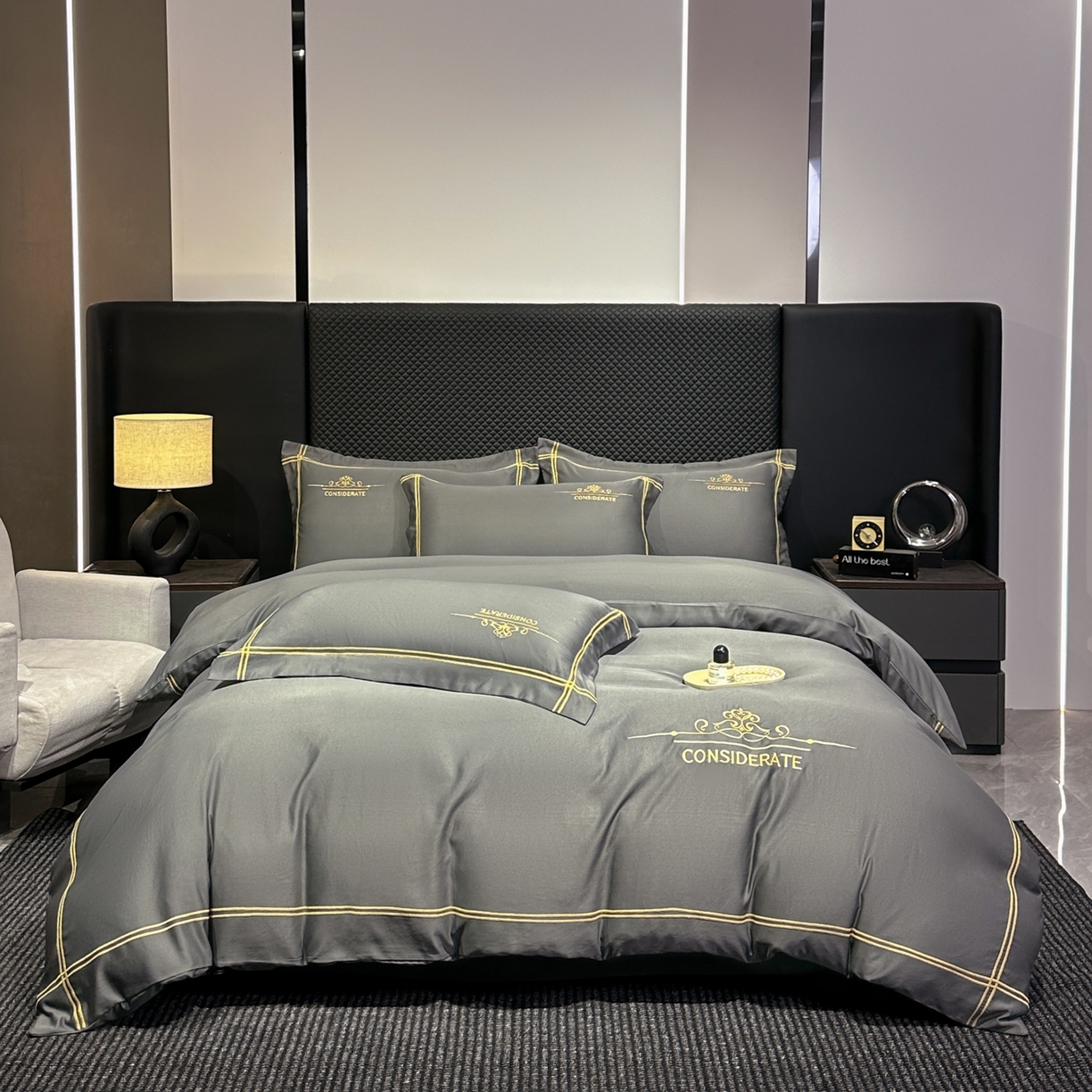 91家纺网 家纺一手货源 找家纺 绒掌柜家纺（品质焕新） 2026新款水洗真丝天丝冰丝刺绣四件套-典雅系列 高级灰