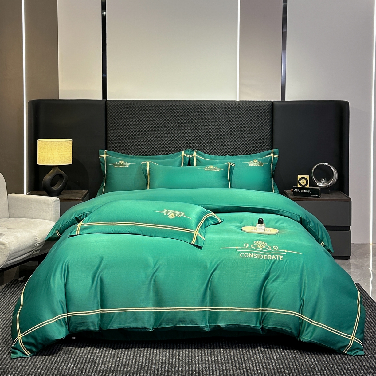 91家纺网 家纺一手货源 找家纺 绒掌柜家纺（品质焕新） 2026新款水洗真丝天丝冰丝刺绣四件套-典雅系列 墨绿