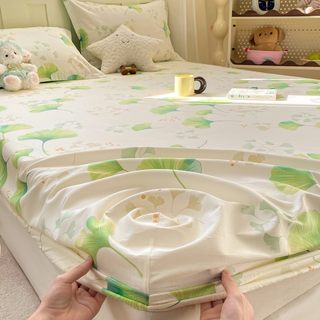 花梦欣 2026新款全棉印花单品系列2花卉款-单床笠 青绿银杏