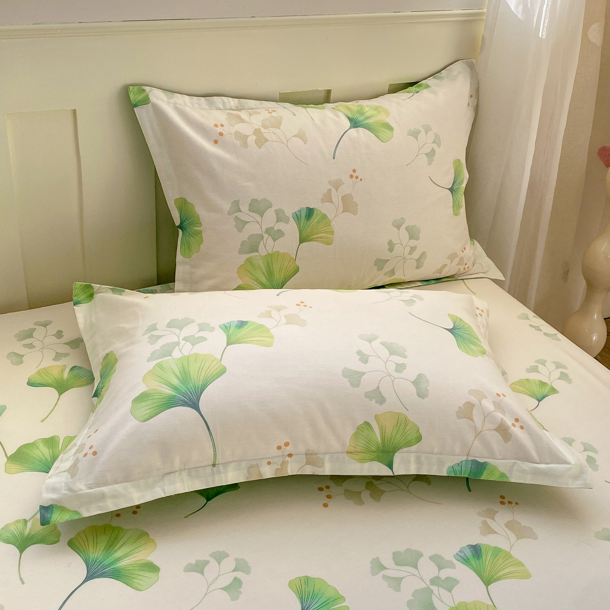 91家纺网 家纺一手货源 找家纺 花梦欣 2026新款全棉印花单品系列2花卉款-单床笠 青绿银杏