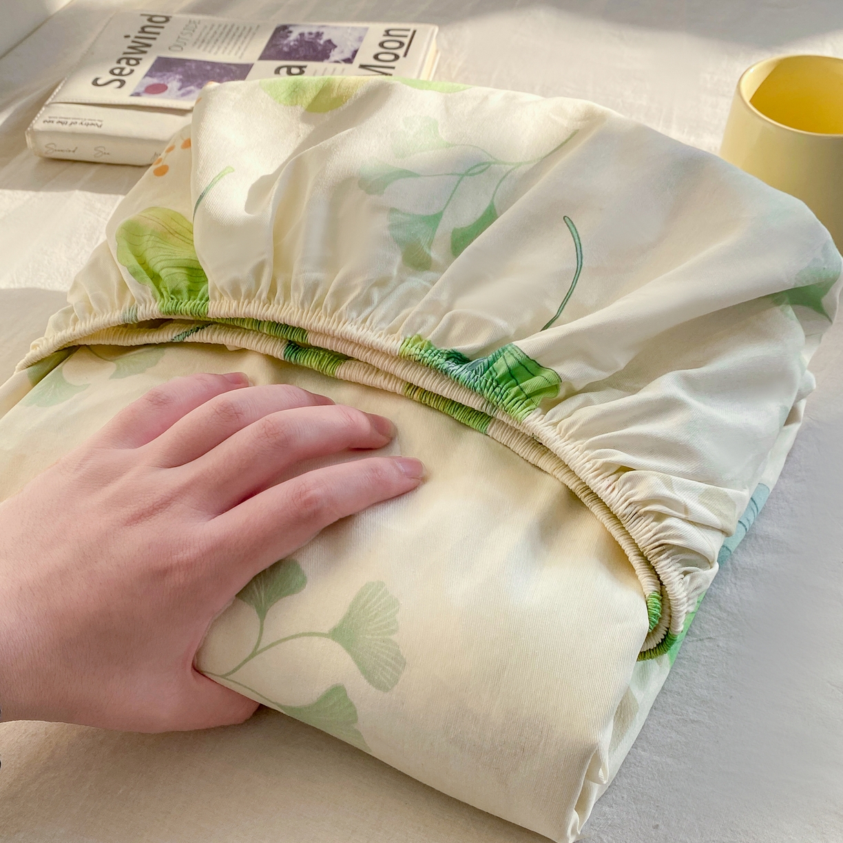 91家纺网 家纺一手货源 找家纺 花梦欣 2026新款全棉印花单品系列2花卉款-单床笠 青绿银杏