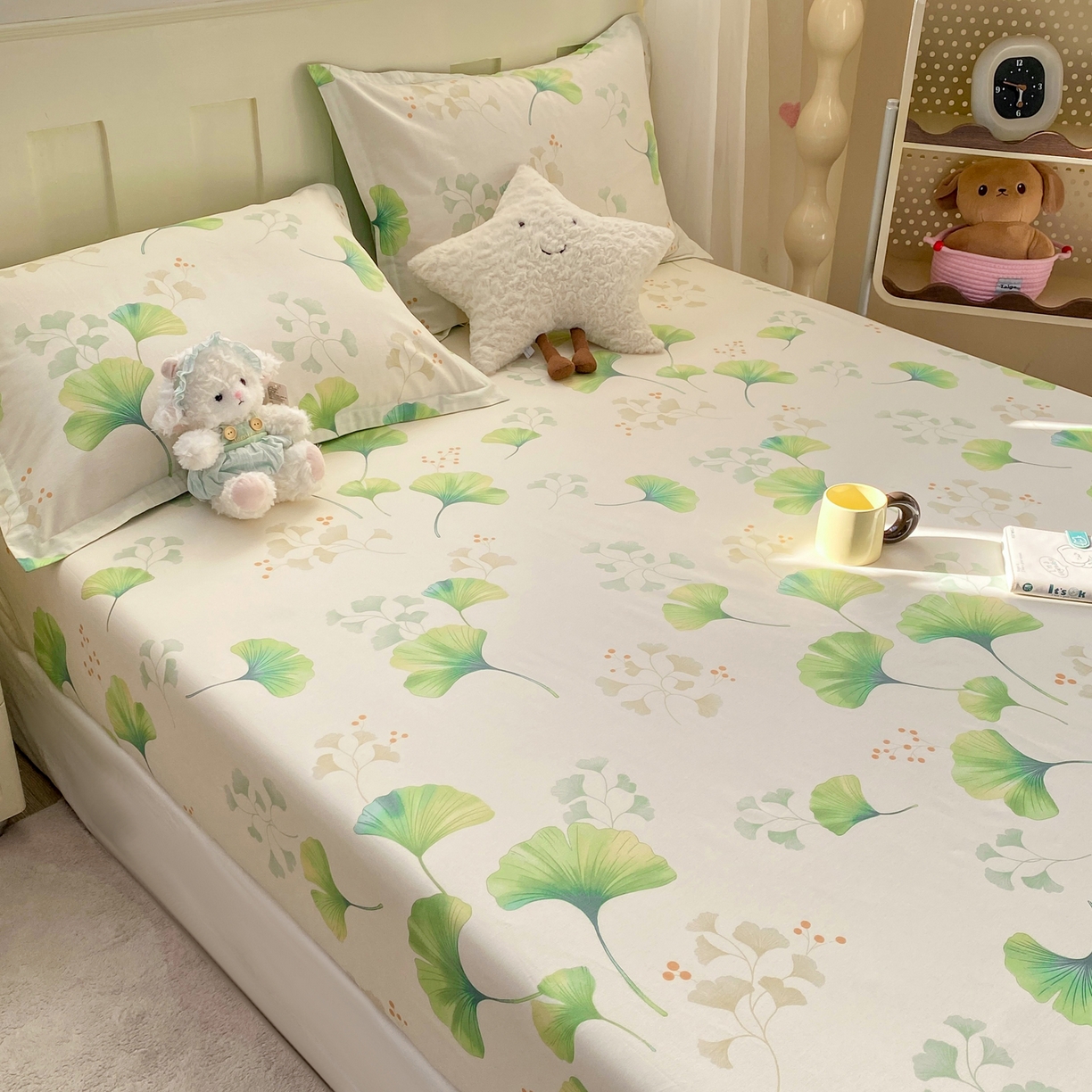 91家纺网 家纺一手货源 找家纺 花梦欣 2026新款全棉印花单品系列2花卉款-单床笠 青绿银杏