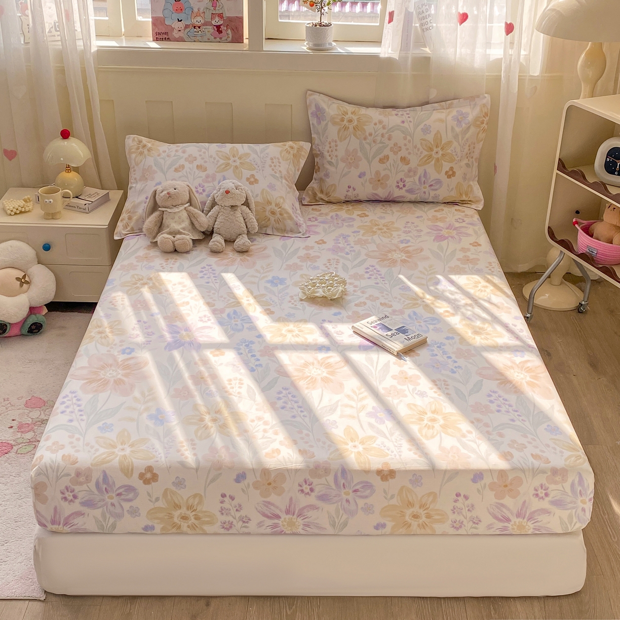 91家纺网 家纺一手货源 找家纺 花梦欣 2026新款全棉印花单品系列2花卉款-单床笠 柔色花笺