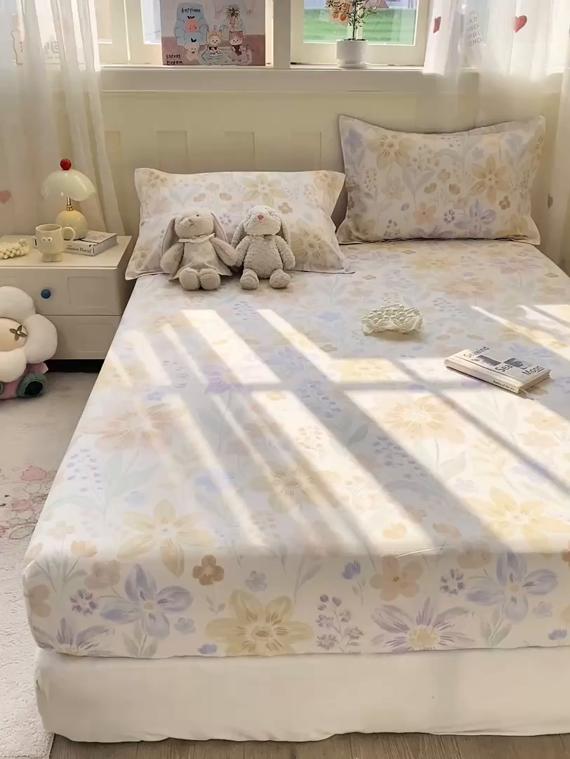 91家纺网 家纺一手货源 找家纺 花梦欣 2026新款全棉印花单品系列2花卉款-单床笠 柔色花笺