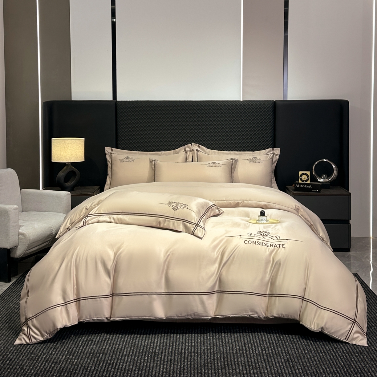 91家纺网 家纺一手货源 找家纺 绒掌柜家纺（品质焕新） 2026新款水洗真丝天丝冰丝刺绣四件套-典雅系列 香槟