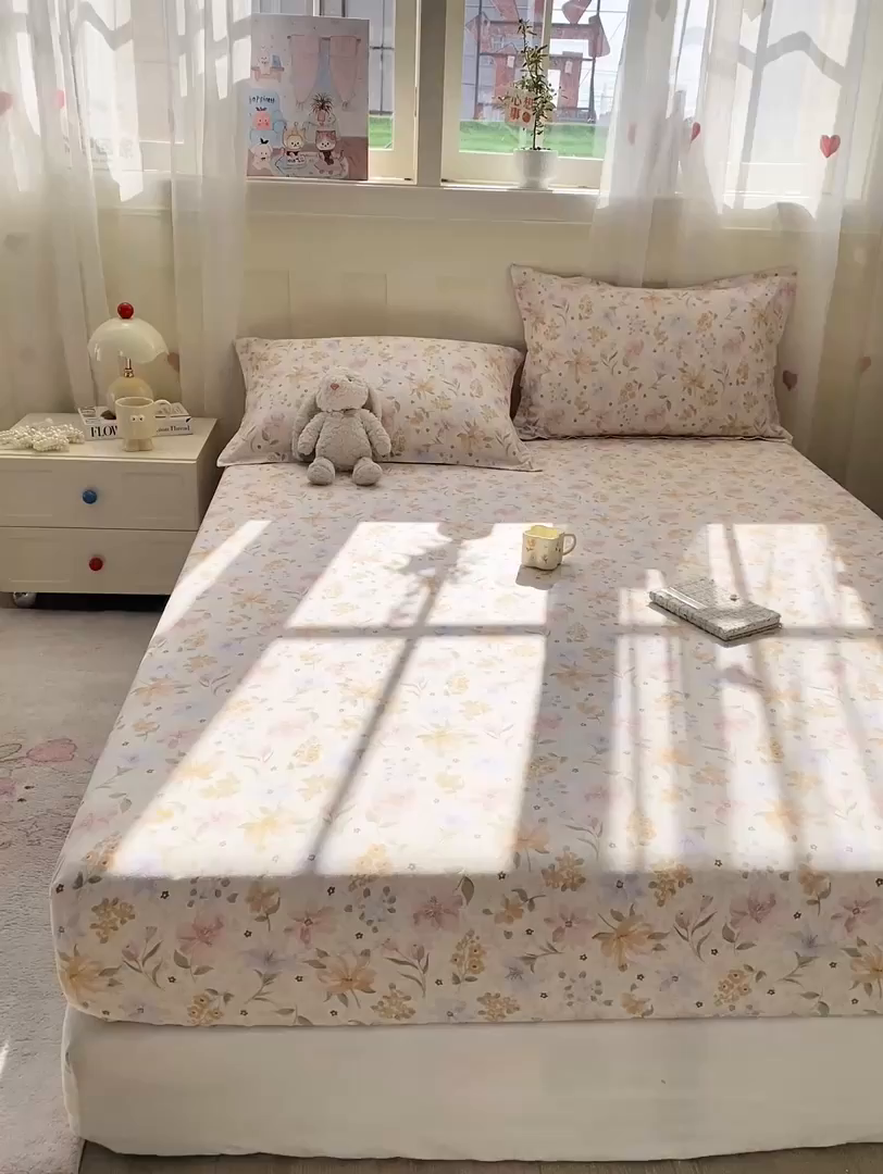 91家纺网 家纺一手货源 找家纺 花梦欣 2026新款全棉印花单品系列2花卉款-单床笠 苏糖粉