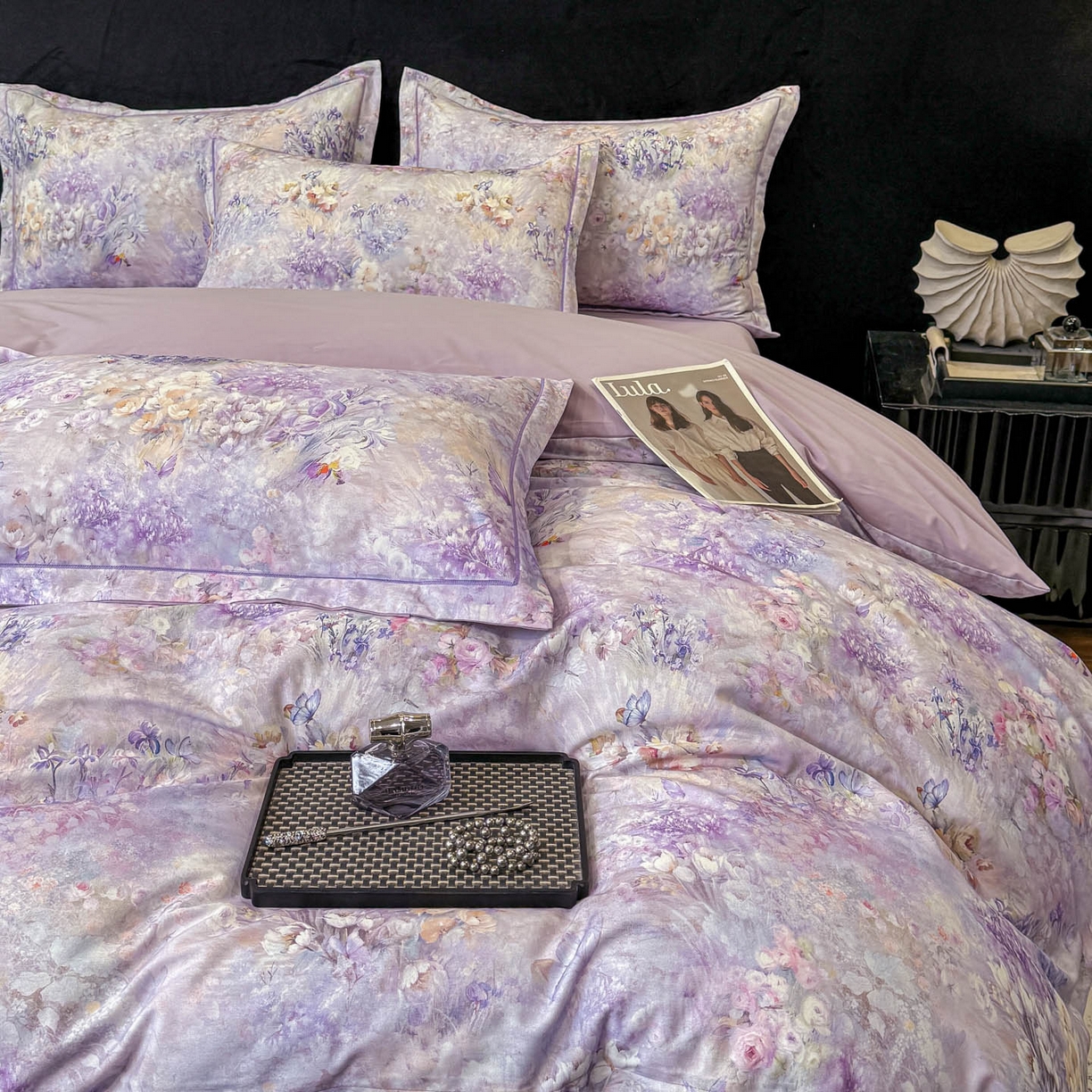 91家纺网 家纺一手货源 找家纺 喜四方 2026新款100%全棉60支长绒棉数码印花四件套（控价不低于180） 避风晚晴-紫