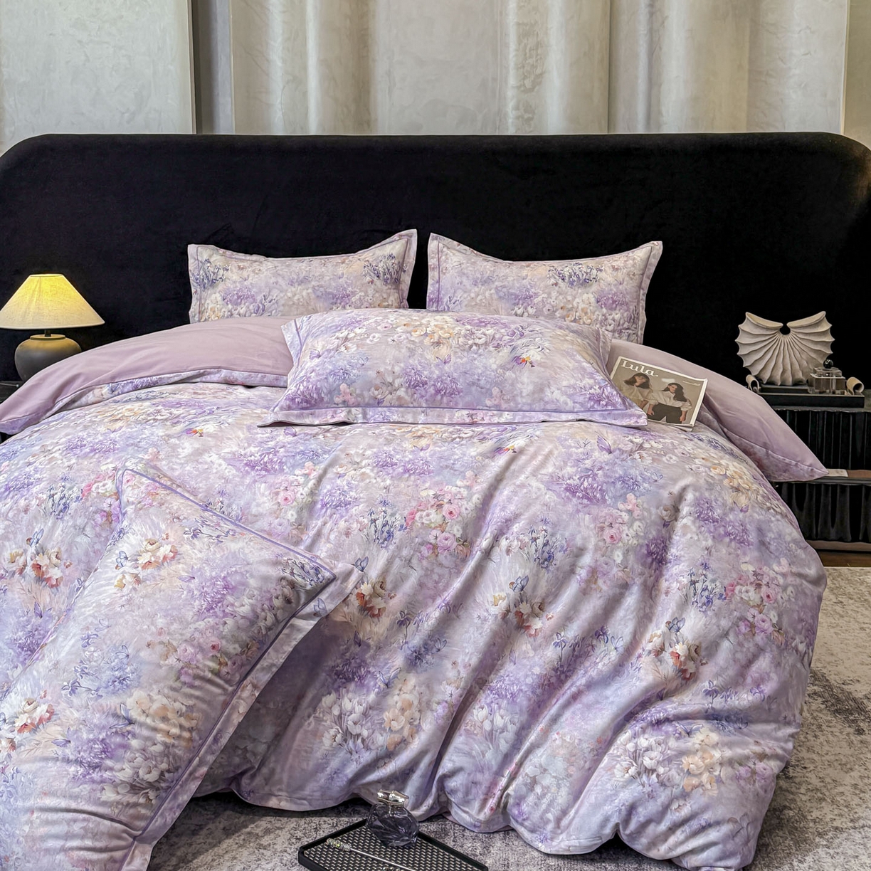 91家纺网 家纺一手货源 找家纺 喜四方 2026新款100%全棉60支长绒棉数码印花四件套（控价不低于180） 避风晚晴-紫