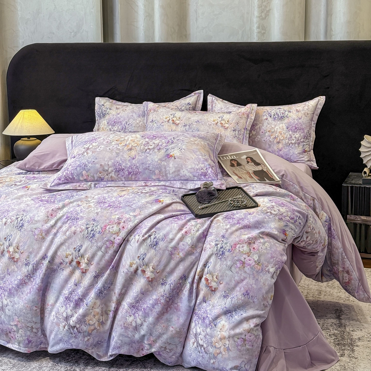 91家纺网 家纺一手货源 找家纺 喜四方 2026新款100%全棉60支长绒棉数码印花四件套（控价不低于180） 避风晚晴-紫