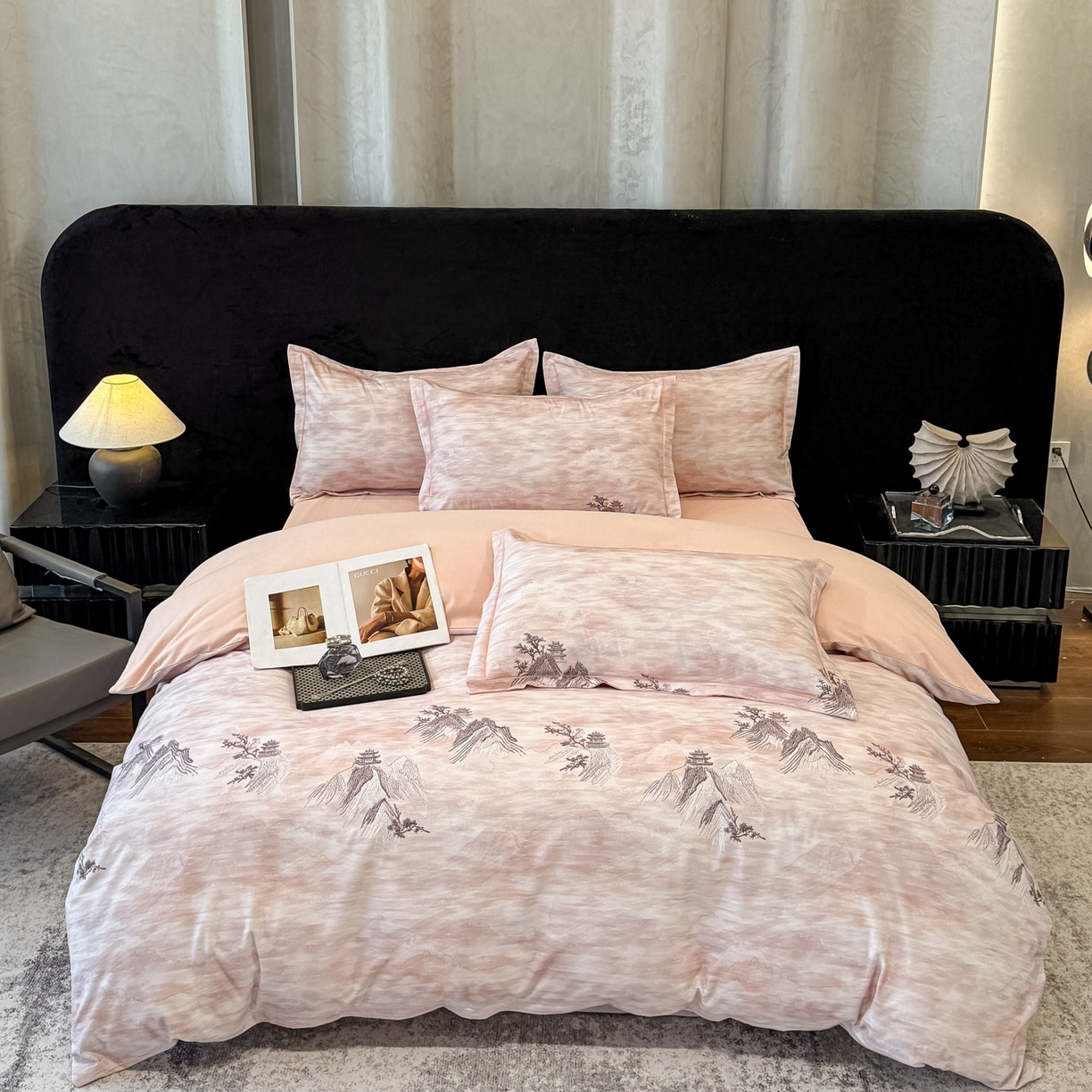 91家纺网 家纺一手货源 找家纺 喜四方 2026新款100%全棉60支长绒棉数码印花四件套（控价不低于180） 锦绣山河-粉