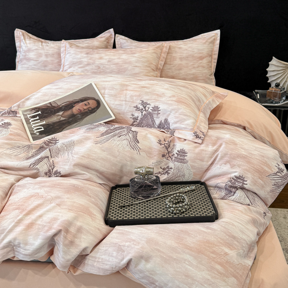 91家纺网 家纺一手货源 找家纺 喜四方 2026新款100%全棉60支长绒棉数码印花四件套（控价不低于180） 锦绣山河-粉