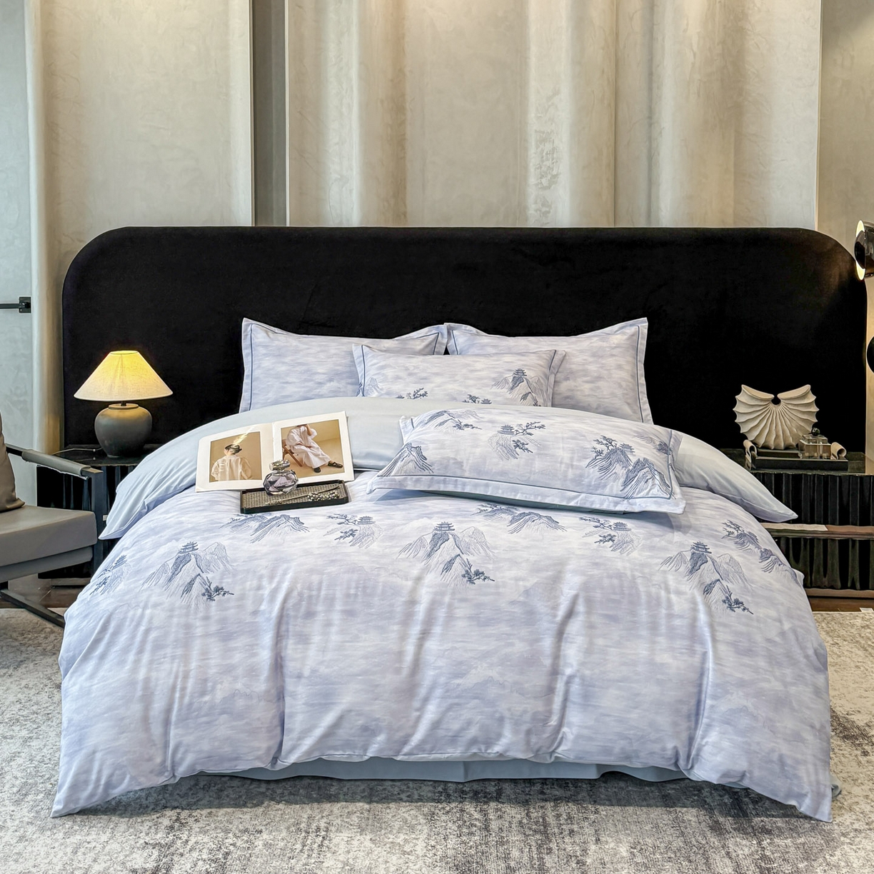 91家纺网 家纺一手货源 找家纺 喜四方 2026新款100%全棉60支长绒棉数码印花四件套（控价不低于180） 锦绣山河-兰