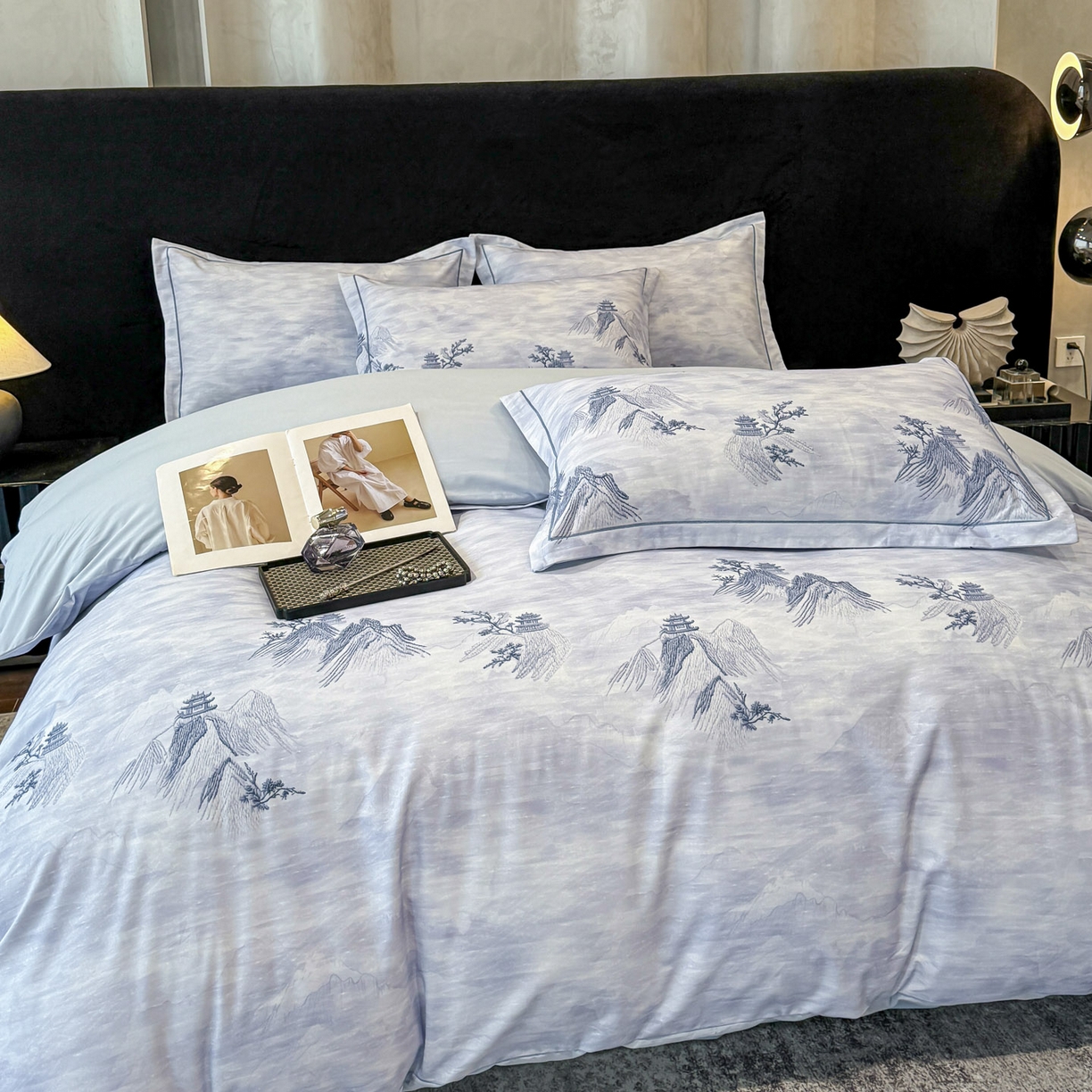 91家纺网 家纺一手货源 找家纺 喜四方 2026新款100%全棉60支长绒棉数码印花四件套（控价不低于180） 锦绣山河-兰