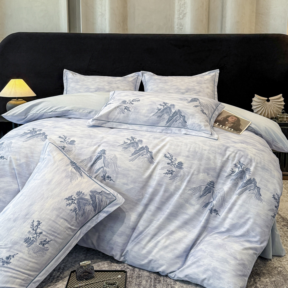 91家纺网 家纺一手货源 找家纺 喜四方 2026新款100%全棉60支长绒棉数码印花四件套（控价不低于180） 锦绣山河-兰