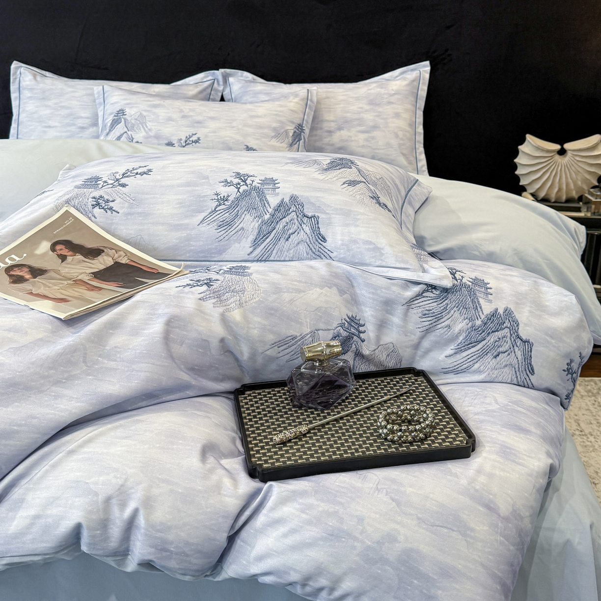 91家纺网 家纺一手货源 找家纺 喜四方 2026新款100%全棉60支长绒棉数码印花四件套（控价不低于180） 锦绣山河-兰