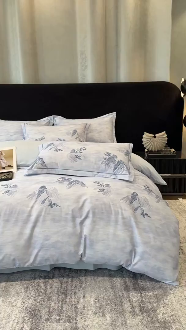 91家纺网 家纺一手货源 找家纺 喜四方 2026新款100%全棉60支长绒棉数码印花四件套（控价不低于180） 锦绣山河-兰