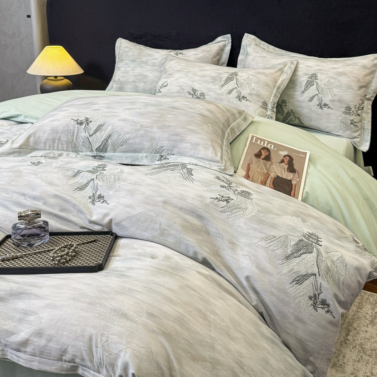 喜四方 2026新款100%全棉60支长绒棉数码印花四件套（控价不低于180） 锦绣山河-绿