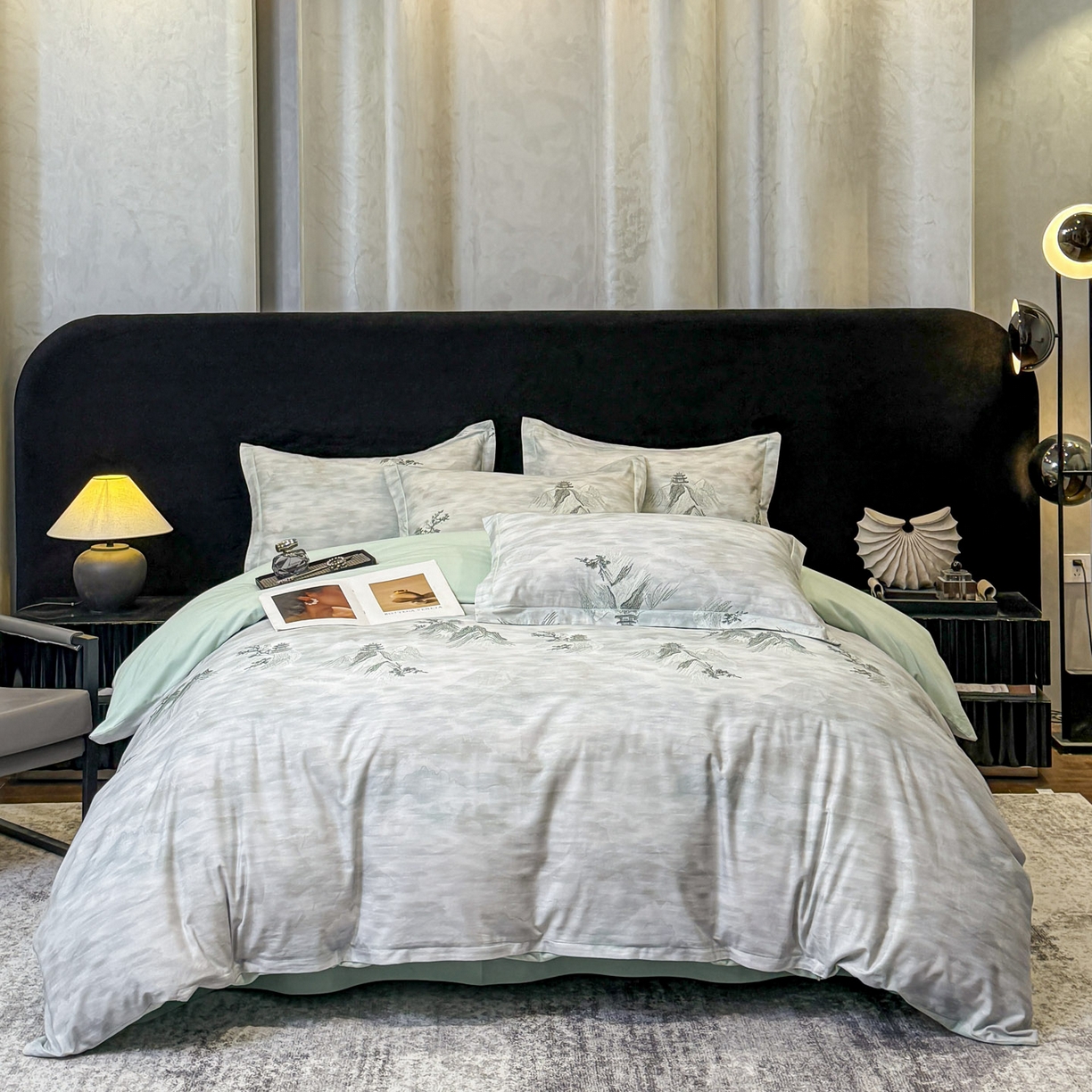 91家纺网 家纺一手货源 找家纺 喜四方 2026新款100%全棉60支长绒棉数码印花四件套（控价不低于180） 锦绣山河-绿