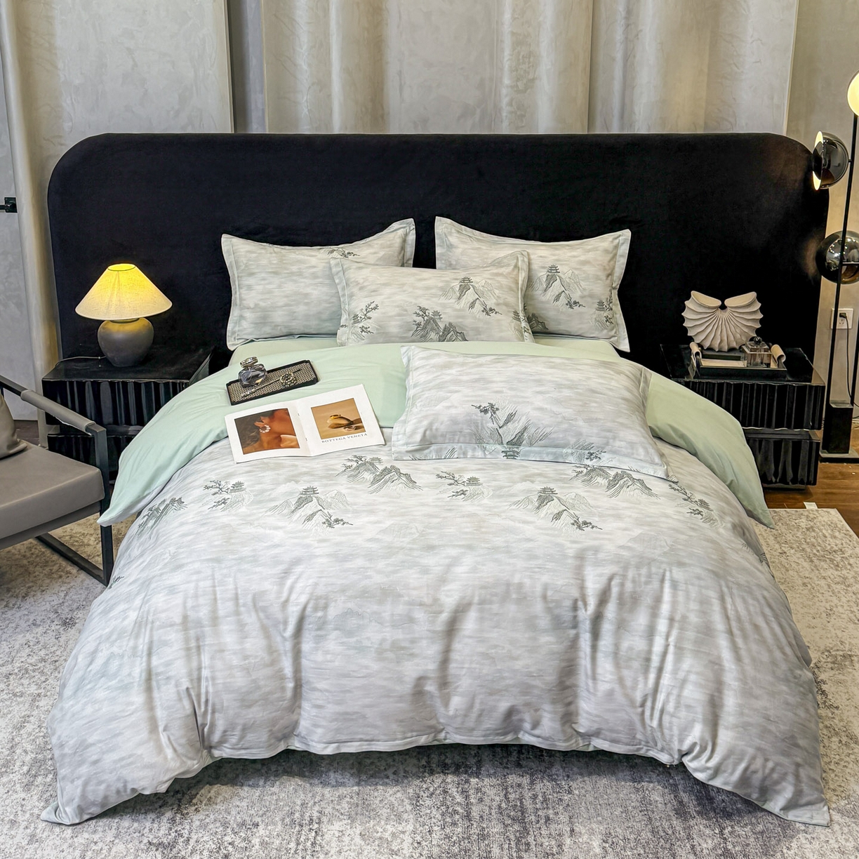 91家纺网 家纺一手货源 找家纺 喜四方 2026新款100%全棉60支长绒棉数码印花四件套（控价不低于180） 锦绣山河-绿