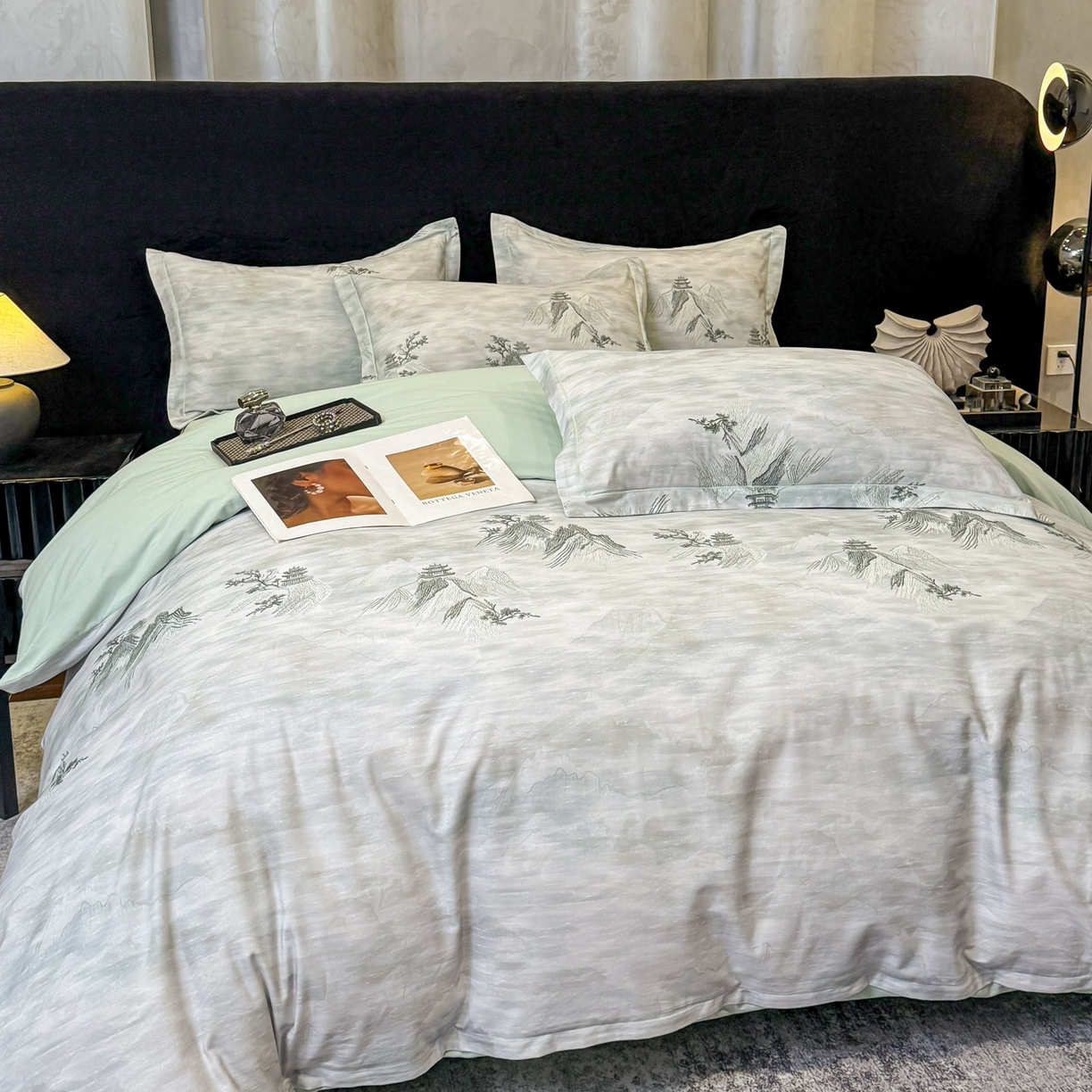 91家纺网 家纺一手货源 找家纺 喜四方 2026新款100%全棉60支长绒棉数码印花四件套（控价不低于180） 锦绣山河-绿