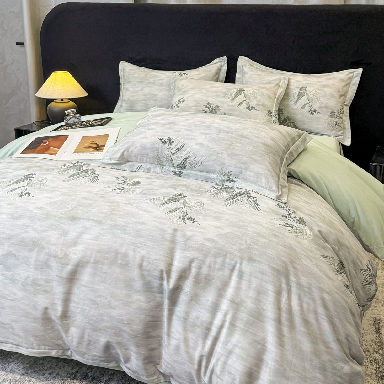 91家纺网 家纺一手货源 找家纺 喜四方 2026新款100%全棉60支长绒棉数码印花四件套（控价不低于180） 锦绣山河-绿