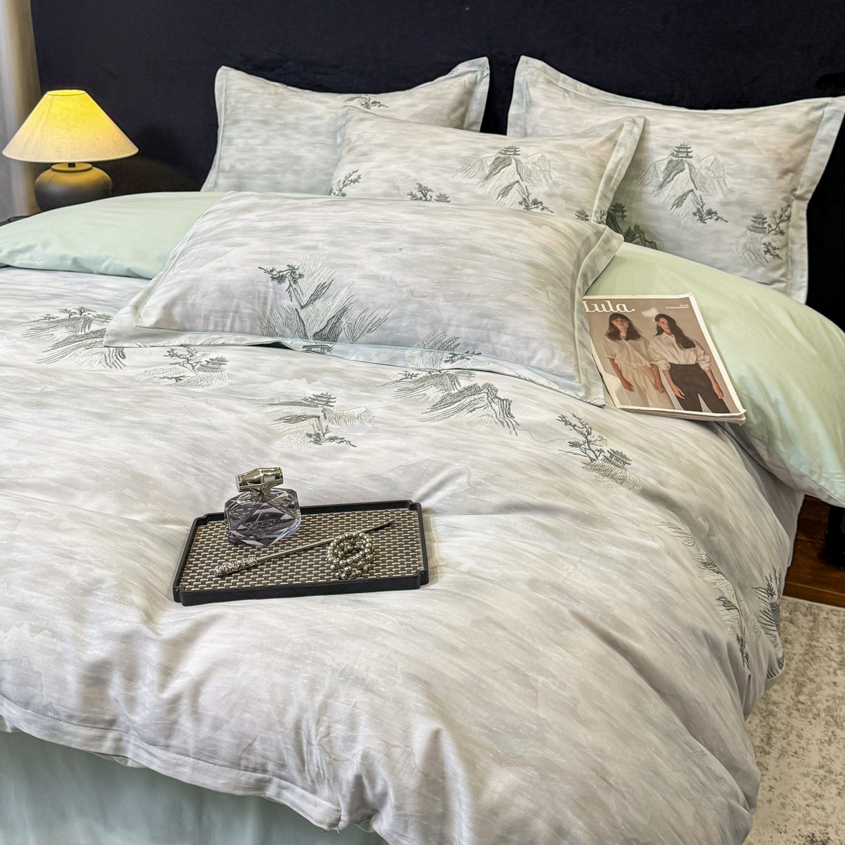 91家纺网 家纺一手货源 找家纺 喜四方 2026新款100%全棉60支长绒棉数码印花四件套（控价不低于180） 锦绣山河-绿