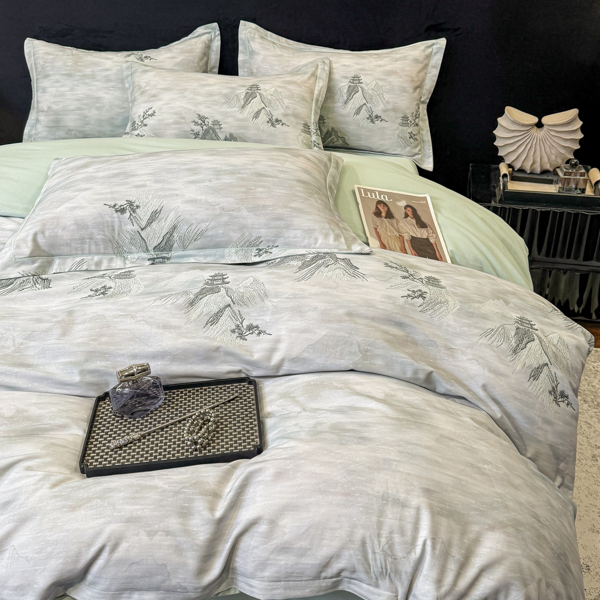 91家纺网 家纺一手货源 找家纺 喜四方 2026新款100%全棉60支长绒棉数码印花四件套（控价不低于180） 锦绣山河-绿