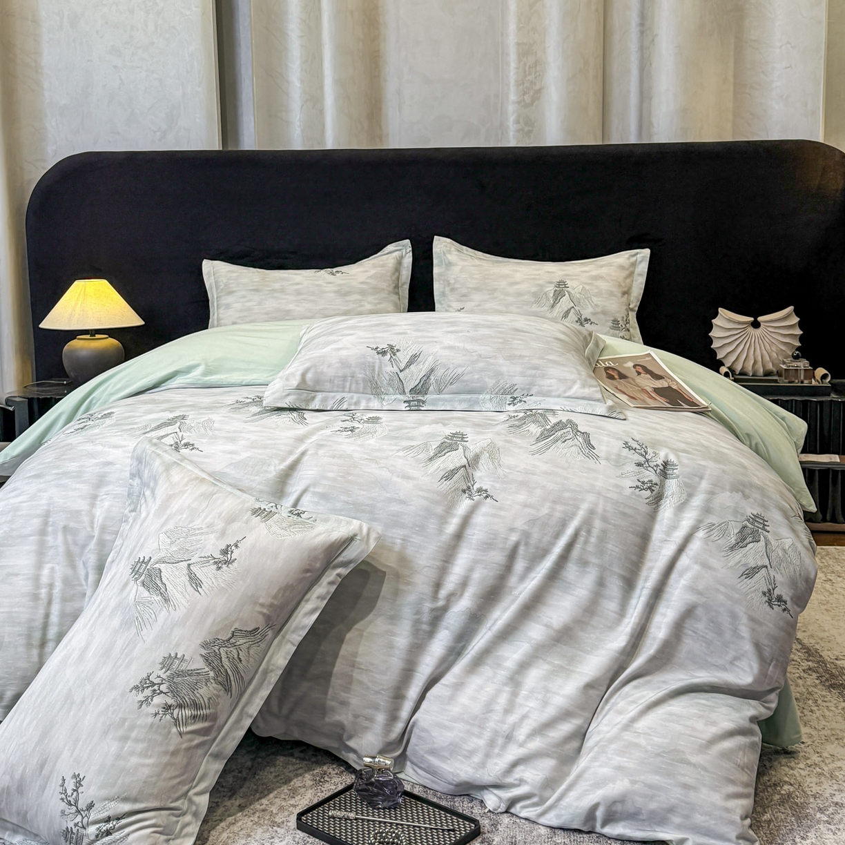 91家纺网 家纺一手货源 找家纺 喜四方 2026新款100%全棉60支长绒棉数码印花四件套（控价不低于180） 锦绣山河-绿