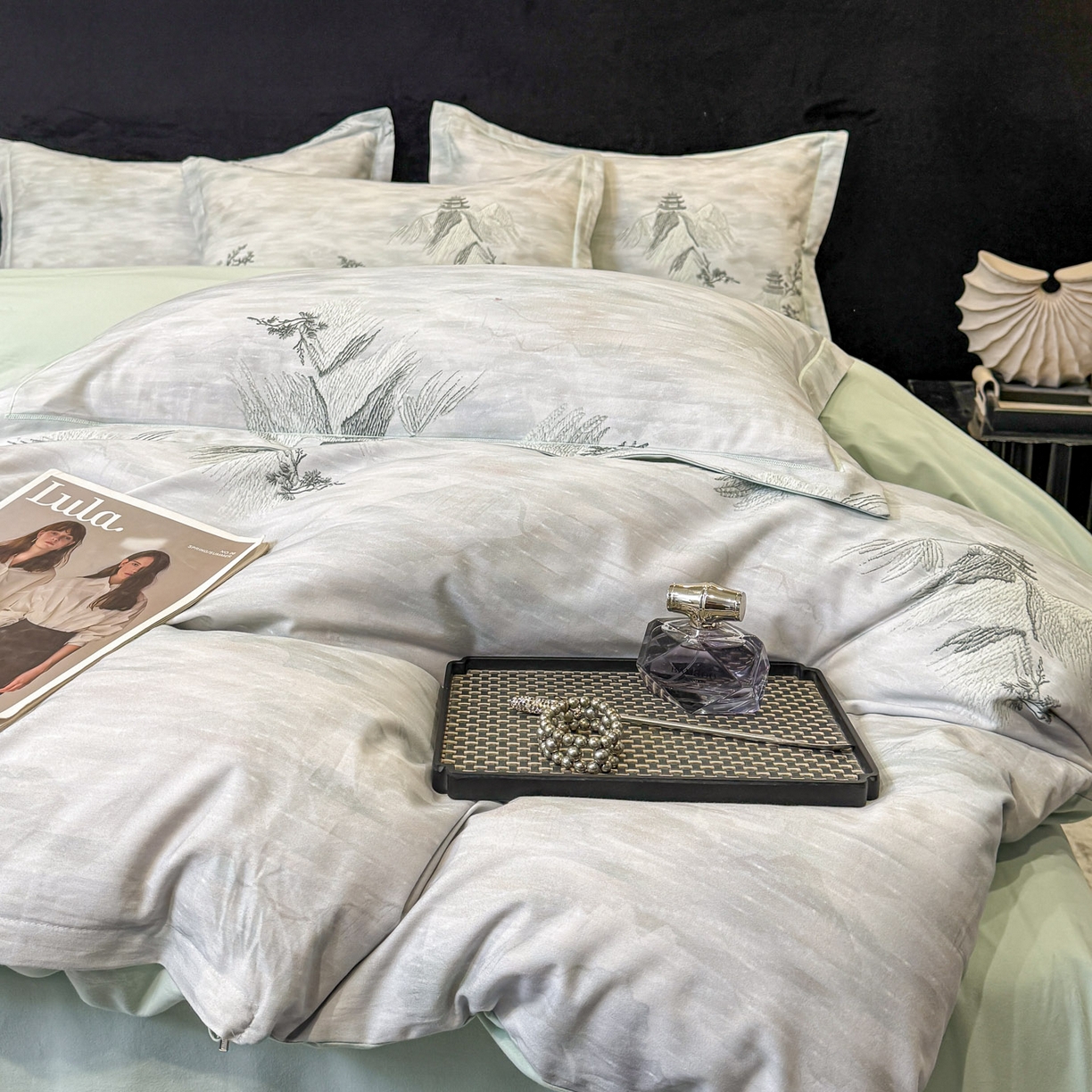 91家纺网 家纺一手货源 找家纺 喜四方 2026新款100%全棉60支长绒棉数码印花四件套（控价不低于180） 锦绣山河-绿