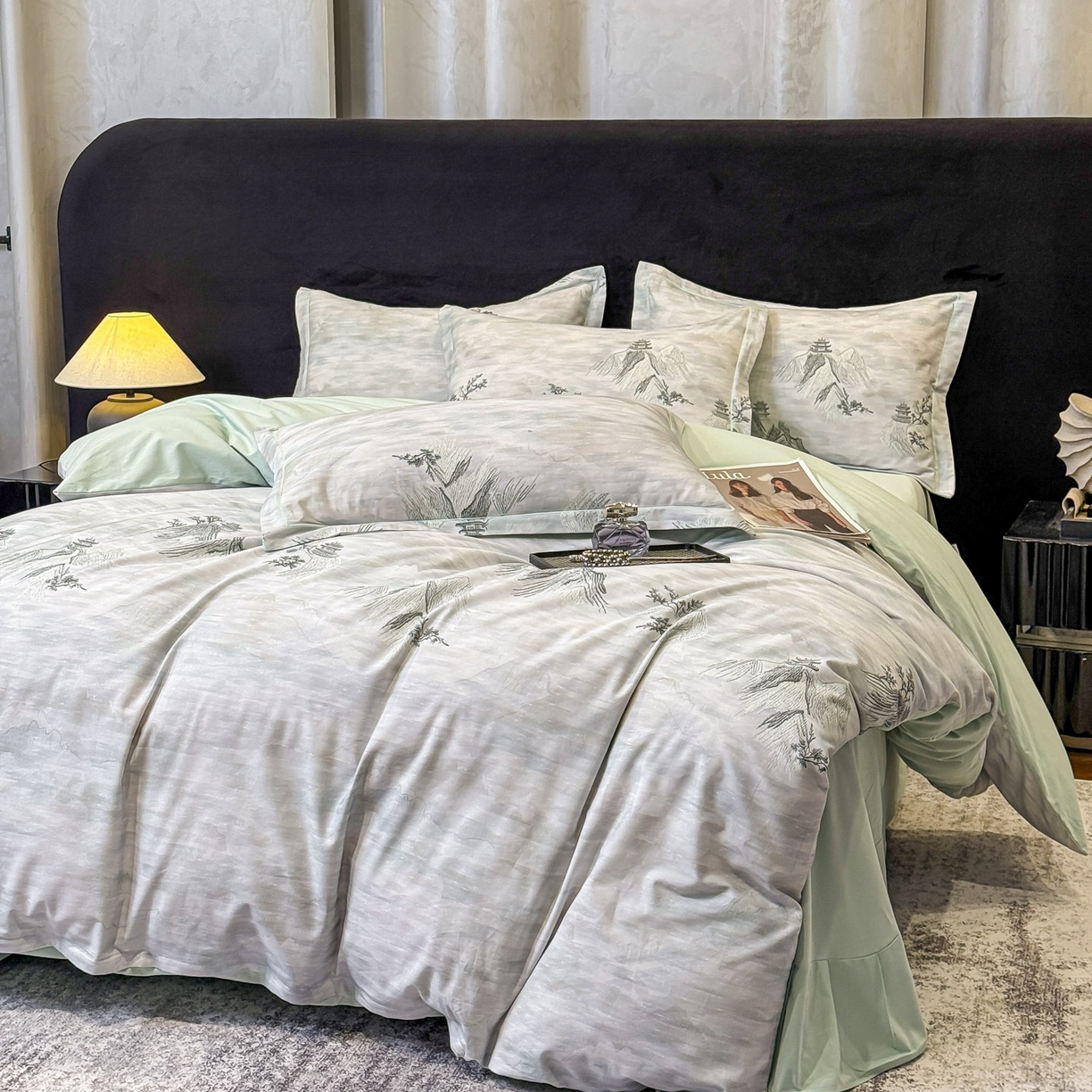 91家纺网 家纺一手货源 找家纺 喜四方 2026新款100%全棉60支长绒棉数码印花四件套（控价不低于180） 锦绣山河-绿