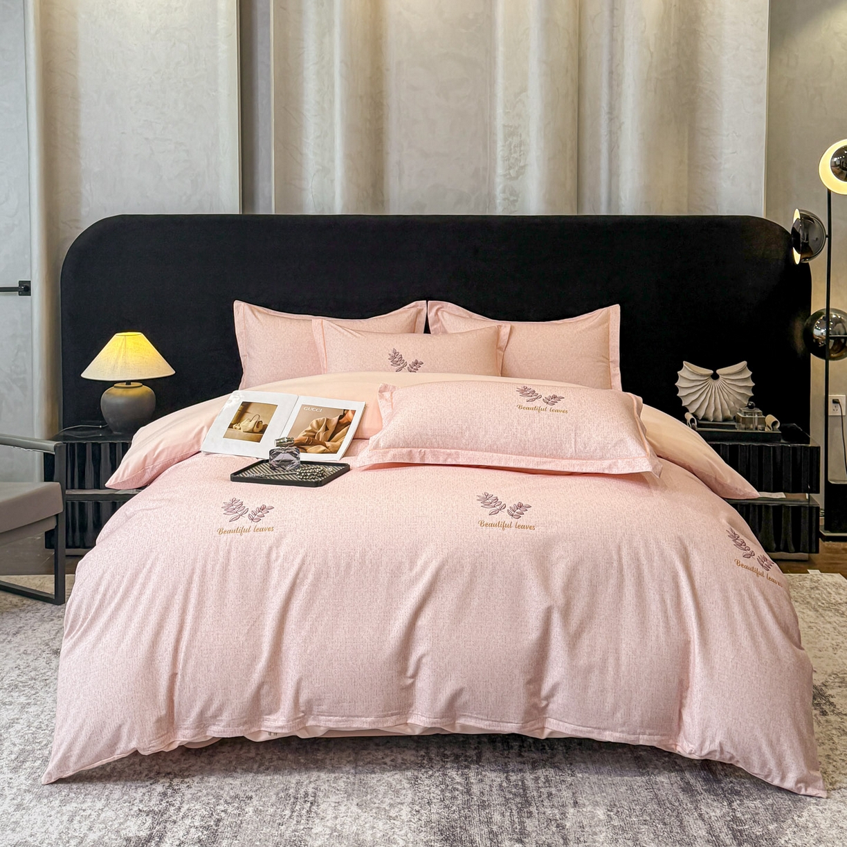 91家纺网 家纺一手货源 找家纺 喜四方 2026新款100%全棉60支长绒棉数码印花四件套（控价不低于180） 叶之秋-粉