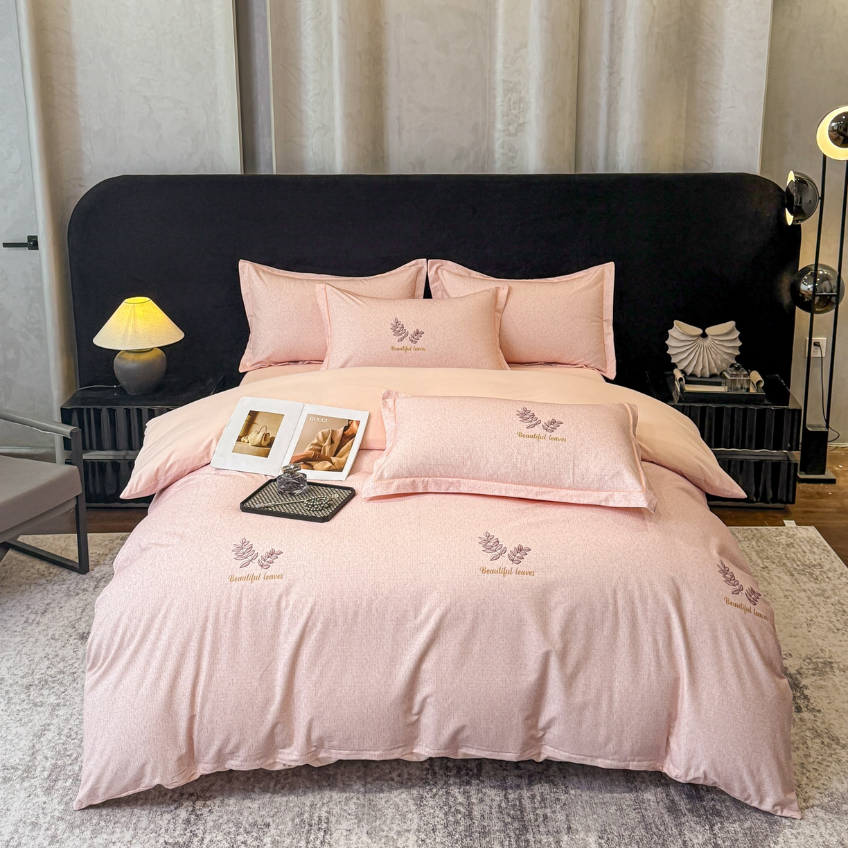 91家纺网 家纺一手货源 找家纺 喜四方 2026新款100%全棉60支长绒棉数码印花四件套（控价不低于180） 叶之秋-粉