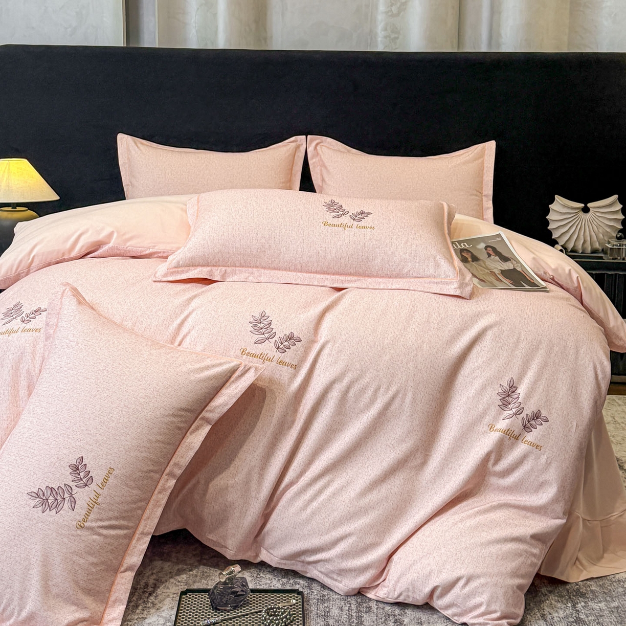 91家纺网 家纺一手货源 找家纺 喜四方 2026新款100%全棉60支长绒棉数码印花四件套（控价不低于180） 叶之秋-粉