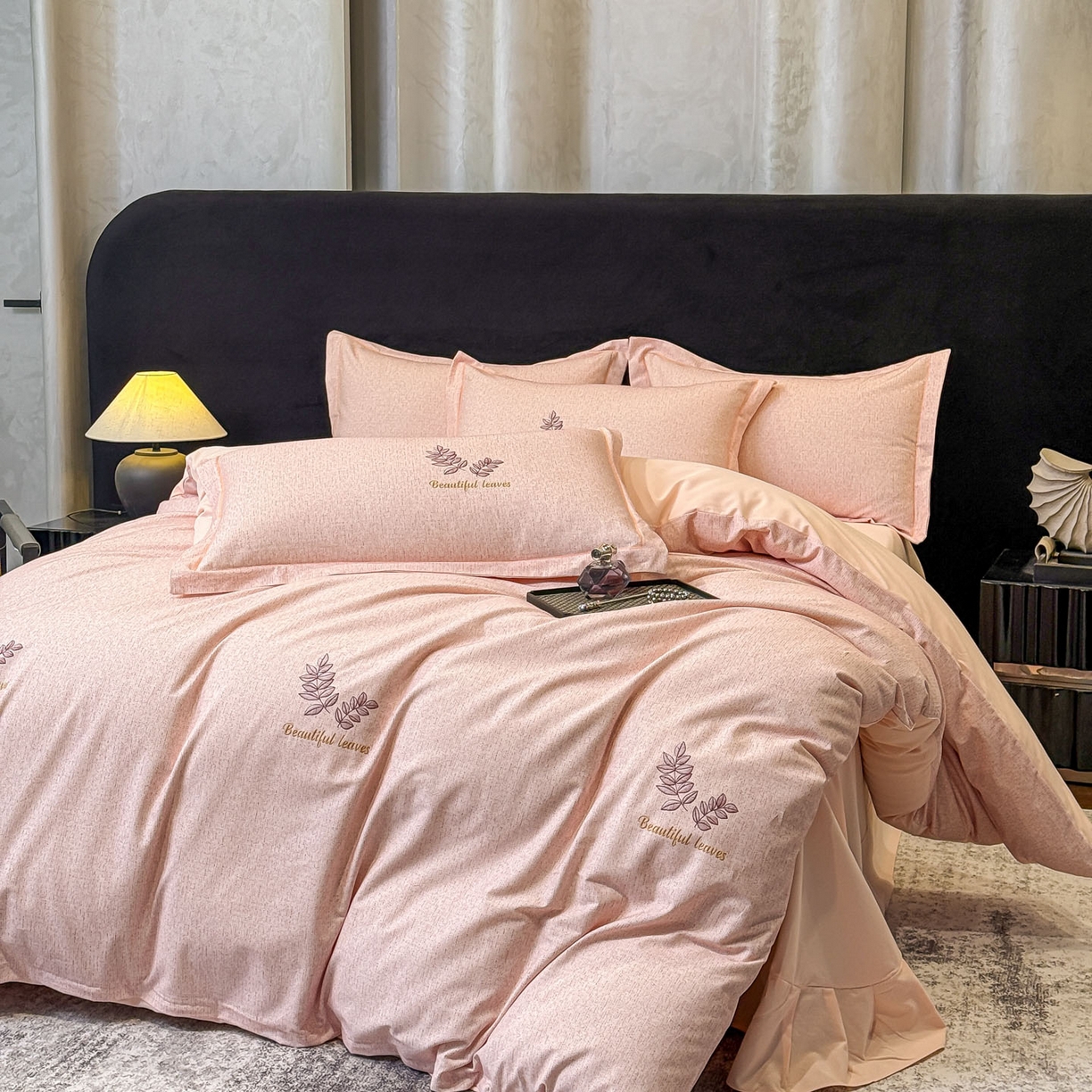 91家纺网 家纺一手货源 找家纺 喜四方 2026新款100%全棉60支长绒棉数码印花四件套（控价不低于180） 叶之秋-粉