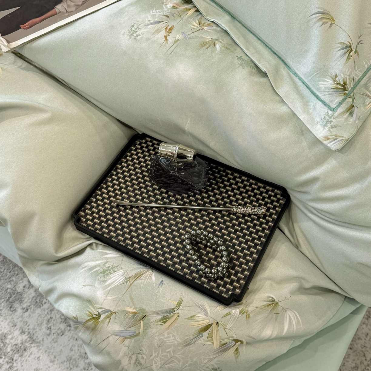 91家纺网 家纺一手货源 找家纺 喜四方 2026新款100%全棉60支长绒棉数码印花四件套（控价不低于180） 竹林隐现-绿