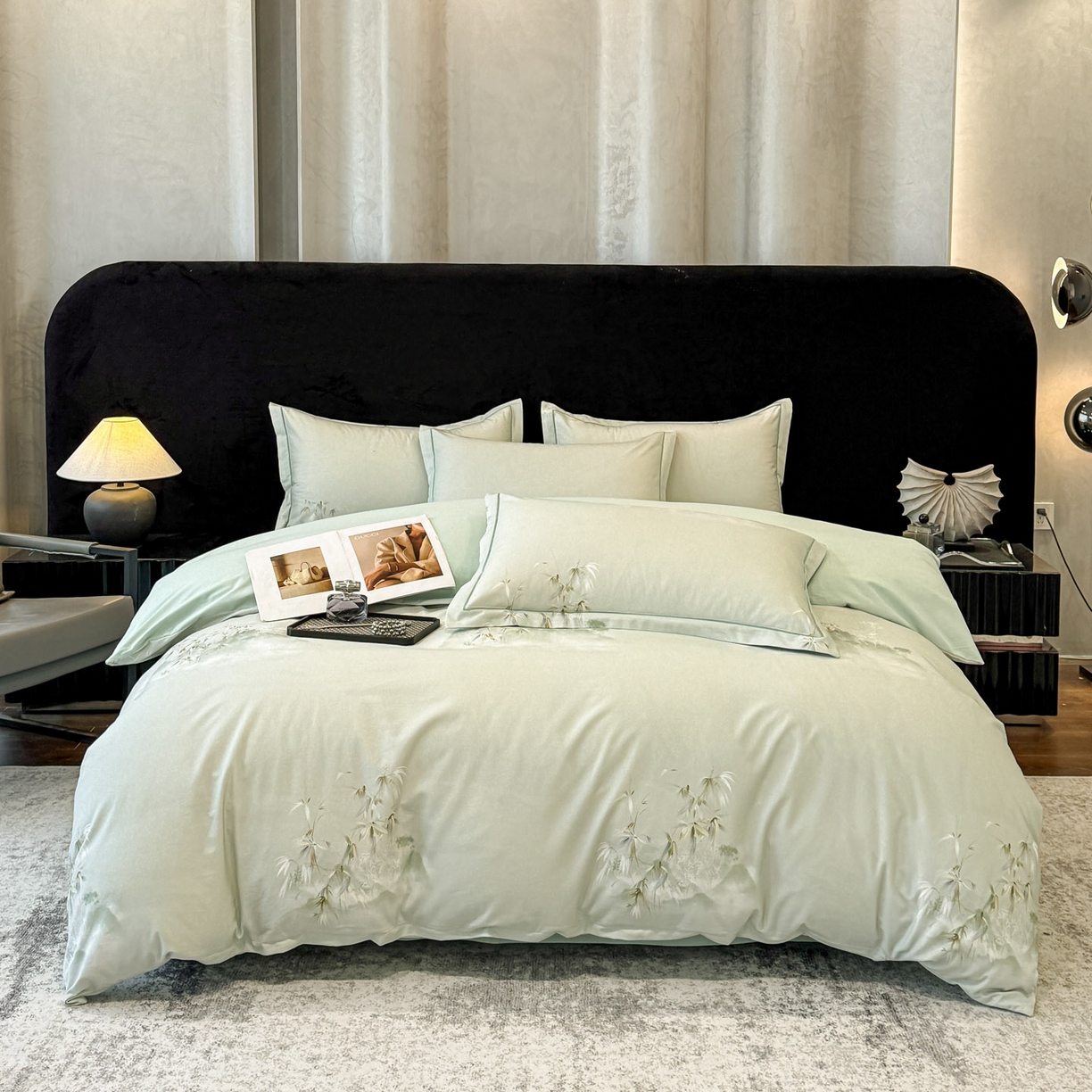 91家纺网 家纺一手货源 找家纺 喜四方 2026新款100%全棉60支长绒棉数码印花四件套（控价不低于180） 竹林隐现-绿