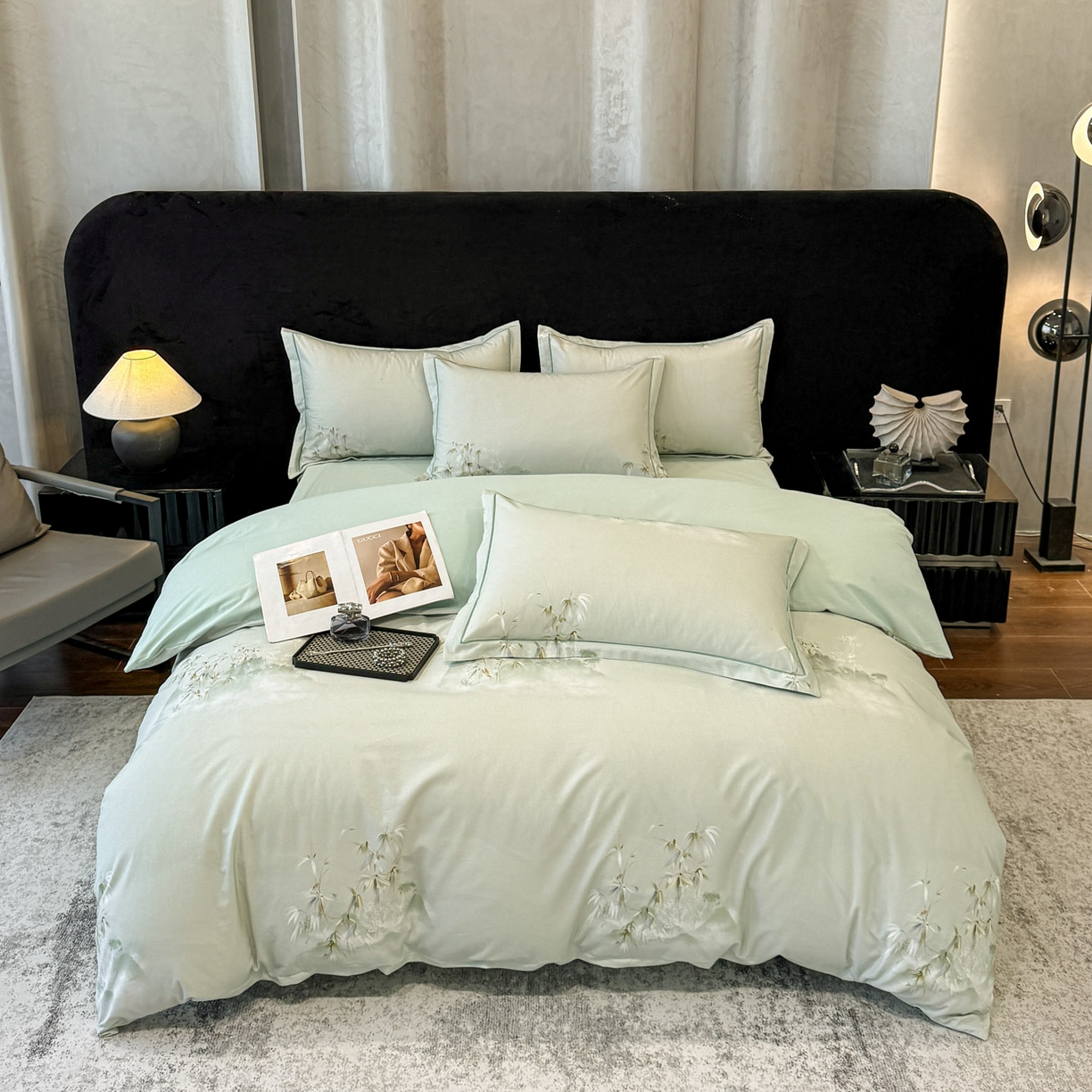 91家纺网 家纺一手货源 找家纺 喜四方 2026新款100%全棉60支长绒棉数码印花四件套（控价不低于180） 竹林隐现-绿