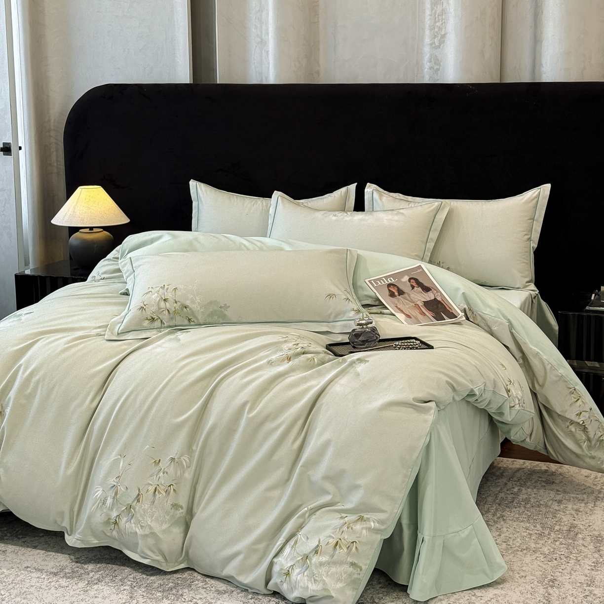 91家纺网 家纺一手货源 找家纺 喜四方 2026新款100%全棉60支长绒棉数码印花四件套（控价不低于180） 竹林隐现-绿