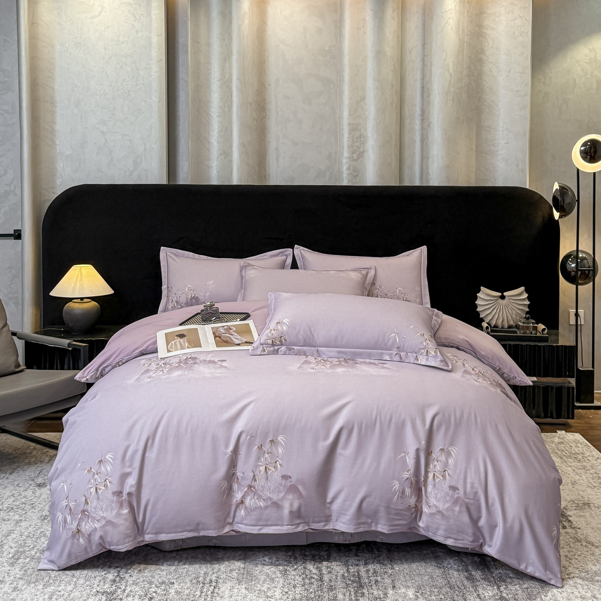 91家纺网 家纺一手货源 找家纺 喜四方 2026新款100%全棉60支长绒棉数码印花四件套（控价不低于180） 竹林隐现-紫