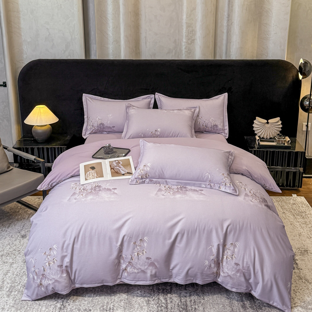 91家纺网 家纺一手货源 找家纺 喜四方 2026新款100%全棉60支长绒棉数码印花四件套（控价不低于180） 竹林隐现-紫