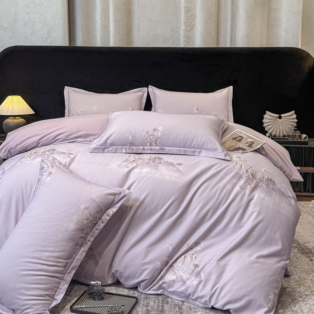 91家纺网 家纺一手货源 找家纺 喜四方 2026新款100%全棉60支长绒棉数码印花四件套（控价不低于180） 竹林隐现-紫