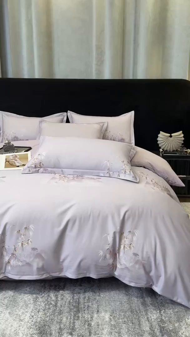 91家纺网 家纺一手货源 找家纺 喜四方 2026新款100%全棉60支长绒棉数码印花四件套（控价不低于180） 竹林隐现-紫