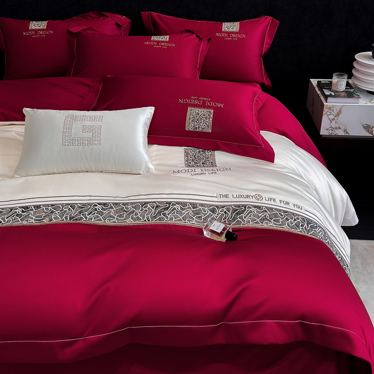 91家纺网 家纺一手货源 找家纺 （总）苏美 2026春夏新款高档礼盒装50*50S贡缎长绒棉刺绣四件套100%纯棉全棉轻奢床品-星空