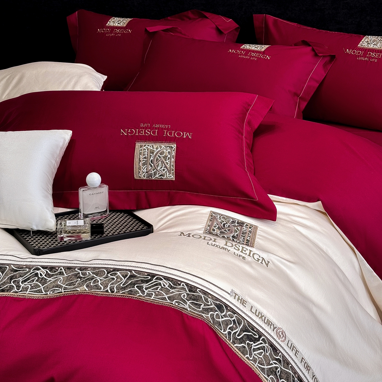 91家纺网 家纺一手货源 找家纺 （总）苏美 2026春夏新款高档礼盒装50*50S贡缎长绒棉刺绣四件套100%纯棉全棉轻奢床品-星空