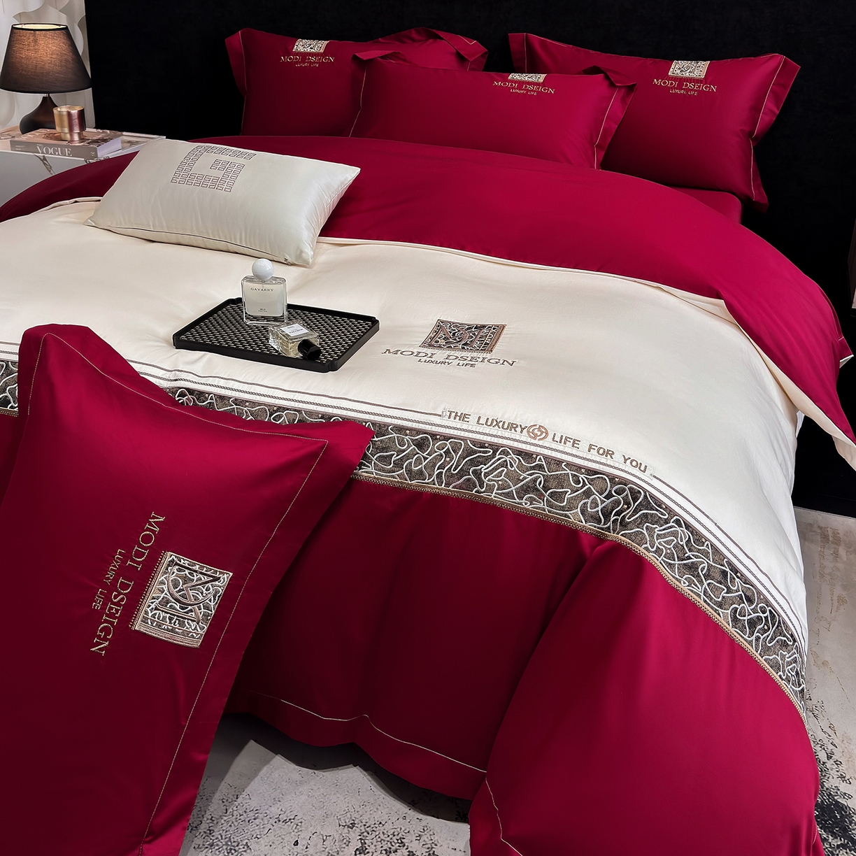 91家纺网 家纺一手货源 找家纺 苏美 2026春夏新款高档礼盒装50*50S贡缎长绒棉刺绣四件套100%纯棉全棉轻奢床品-星空 星空-红