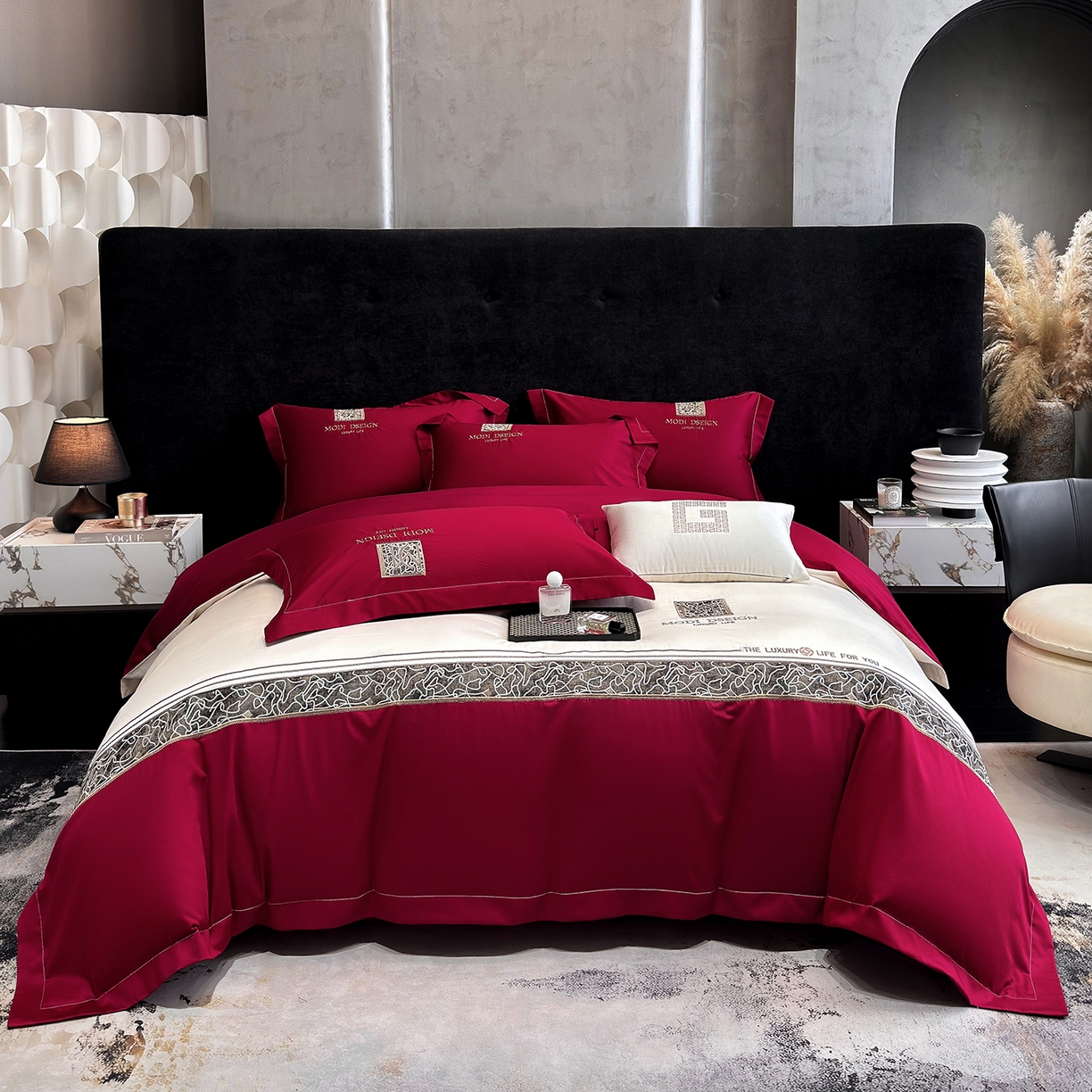 91家纺网 家纺一手货源 找家纺 苏美 2026春夏新款高档礼盒装50*50S贡缎长绒棉刺绣四件套100%纯棉全棉轻奢床品-星空 星空-红