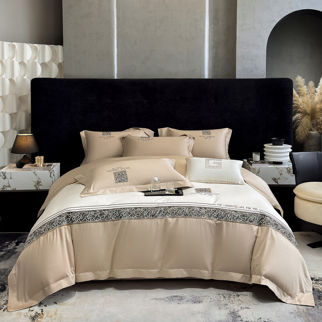 91家纺网 家纺一手货源 找家纺 苏美 2026春夏新款高档礼盒装50*50S贡缎长绒棉刺绣四件套100%纯棉全棉轻奢床品-星空 星空-咖